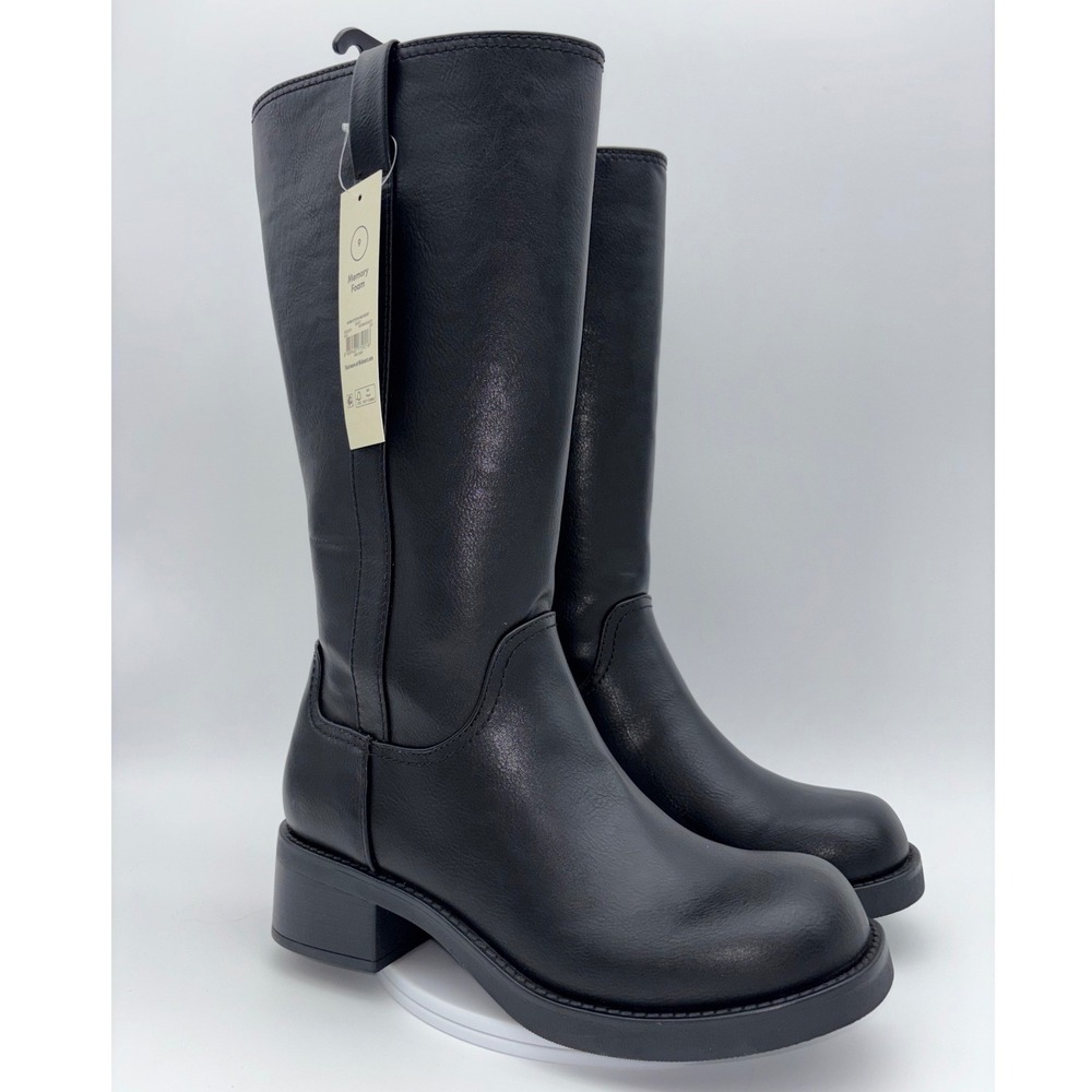 NEW TALL BOOTS Chunky Y2K Black Biker Riding Block Heel Grunge Shoe Square Toe 9